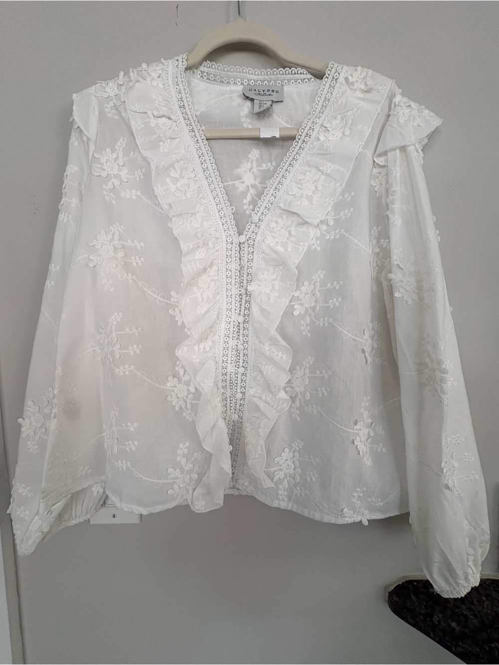 Calypso St. Barth White Floral Embroidered Ruffle Blouse